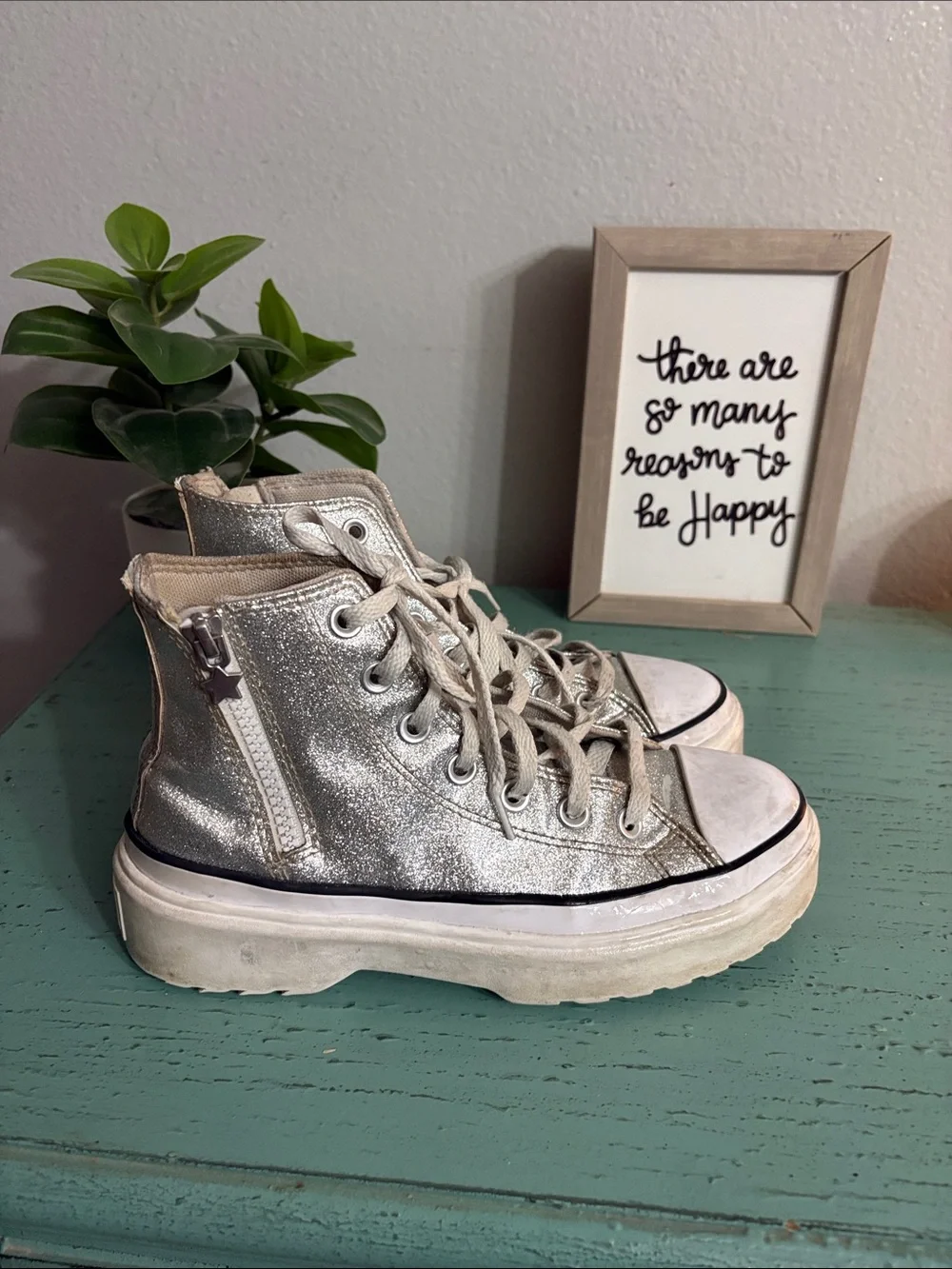 Converse Silver Glitter High-Top Kids Sneakers with Side Zipper